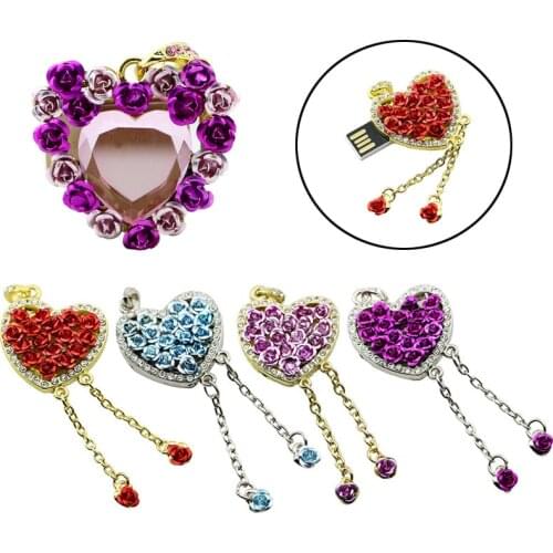Crystal Flower Heart Jewelry 4GB 8GB 16GB 32GB 64GB Extended Memory Stick Storage Pen Drive Pendrive Necklace Usb Flash Drive