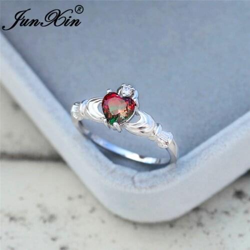 Gradient Rainbow Fire Crystal Love Heart Rings For Women White/Rose Gold Colorful Red Green Stone Claddagh Ring Wedding Bands