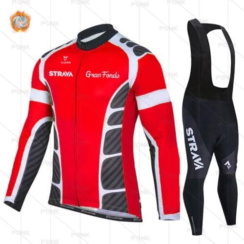 New STRAVA Winter Thermal Fleece Set Cycling Clothes Mens Jersey Suit Sport Riding Bike MTB Clothing Bib Pants Warm Sets Ropa