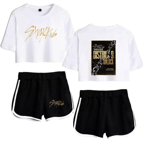 KPOP Stray Kids Tracksuit Their World Tour District 9 Unlock 2D Print Women 2020Two Piece Set Shorts+t-shirt Hot Sale Clothes