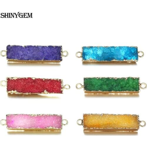 Colorful Charm Rectangle Shape Natural Druzy Crystal Stone Gold Plating Bezel Connector For DIY Jewelry Making Bracelet Necklace