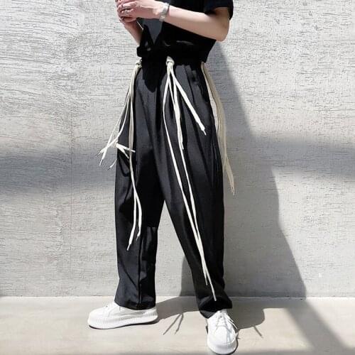 Large size summer abstinence detachable shoelace ribbon design personalized versatile small trousers mens straight pants