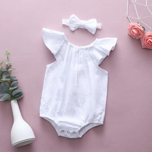 2021 Summer Newborn Girls Rompers Set Flare Sleeve Solid Romper Jumpsuit With Headband One-Pieces 1211