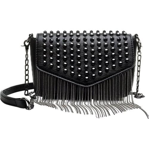 Fashion Luxury Designer Black Pu Leather Chain Tassel Crystal Rivet Bags for Women Ladies Cross Body Shoulder Bags Clutch NB034