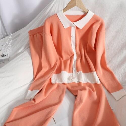 Korobov 2021 New Arrival Women Turn-Down Collar Long Sleeve Pullovers and High Waist Knitted Pants 2 Pcs Sets Outfits