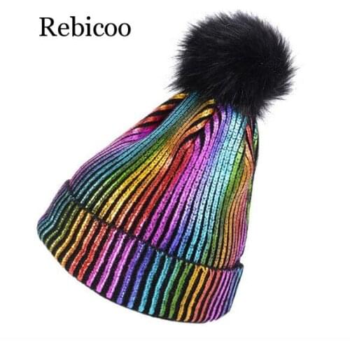 New Winter Metallic Pink Ball Beanie Hat For Women Fluffy Double Faux Fur Pom Pom Knitted rebicoo Beanie With Pompom Ski