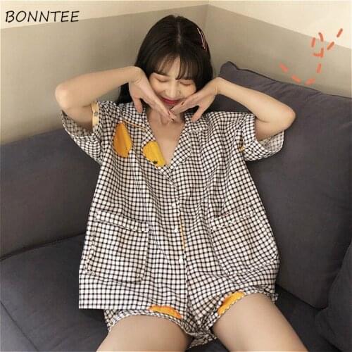 Pajama Sets Women 2XL Summer Ins Plaid Loose Kawaii Preppy Girls Homewear Lovely Soft Korean Pocket Simple Womens Sleepwear New