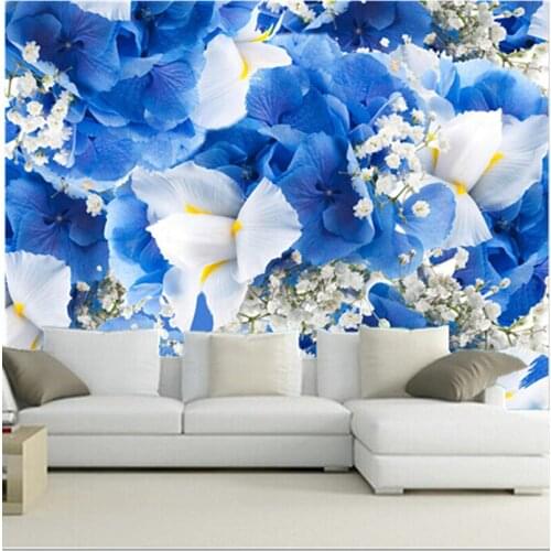 The custom 3D murals,fresh and beautiful blue and white flowers ,living room sofa TV wall bedroom background wall paper