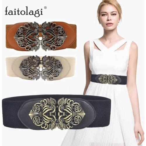 Women belts vintage metal Hollow flower buckle elastic wide belts cummerbunds wedding designer waist belt cinto cinturon mujer