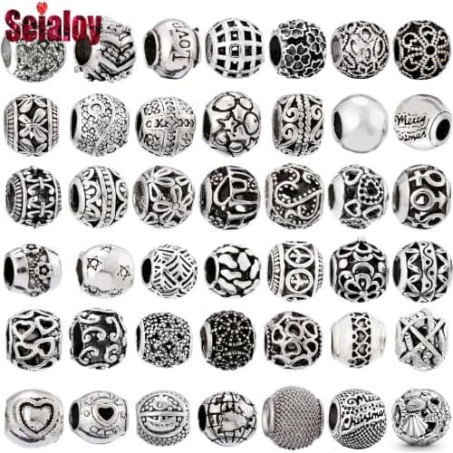 Seialoy Silver Color Round Beaded Star Heart Flower Spherical Beads Charm Fit Diy Bracelets Necklace Jewelry Making Accessories