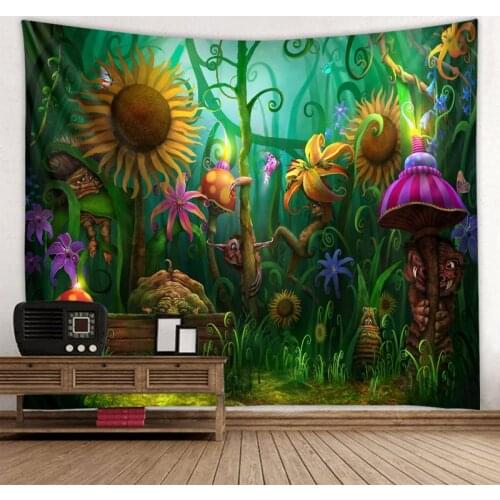 Fantasy forest tapestry magical tropical plants background mushroom leaves sunflower wall hanging living room bedroom dormitory