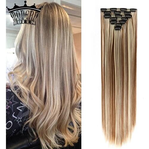 MODERN QUEEN Long Wavy 140g Synthetic Ombre Clip In Hair Extensions 16clips Fake 7/Set Hairpieces Heat Resistant Blonde Brown