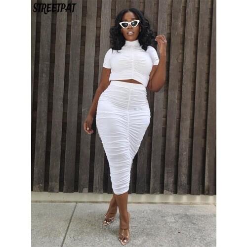 Solid Color Ruched 2 Two Piece Set Dress Woman Short Sleeve Turtleneck Crop Top And Draped Bodycon Maxi Skirt Summer Outfits