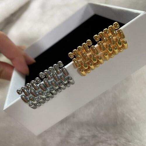 Vintage square woven hollow gold and silver color earrings niche cold wind temperament earrings women