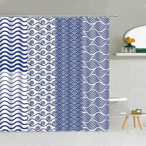 Nordic Simplicity Style Geometric Shower Curtain Blue Sea Waves Ripple Bathroom Decor Waterproof Fabric Hooks Curtains Set