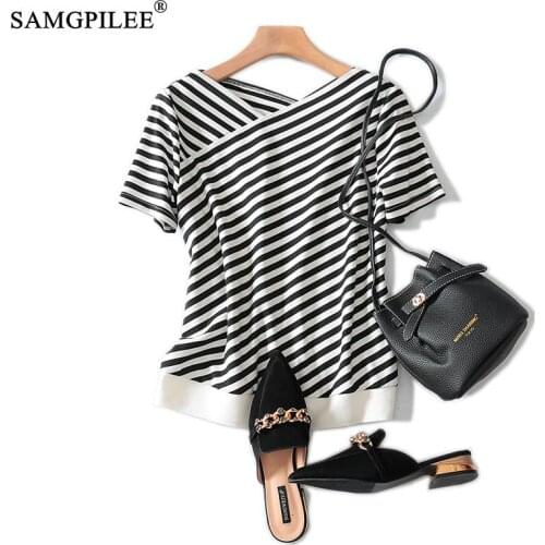 T-shirt Brand Women Casual Tops Womens 2020 Broadcloth Short Sleeve Tshirt Oversize Cotton Striped V-neck Women Fashion T-shirts