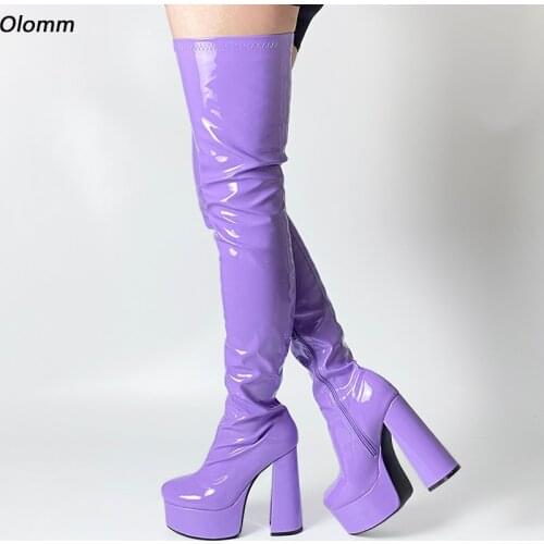 Olomm New Arrival Women Platform Thigh Boots Hoof Heels Round Toe Gorgeous Violet Pink Black Party Shoes Women Plus US Size 5-15