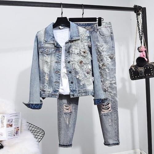 Women Vintage Holes Handwork Beading Embroidery Flowers Short Denim Jacket Coat Pencil Pants Set Female Casual Jeans Denim Sets