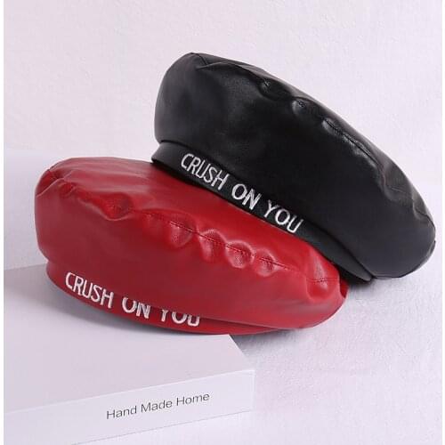 PU Beret Womens Autumn Winter Newsboy British Vintage Street Painters Hat Red Hat White Letter Berets