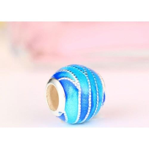 925 Sterling Silver Sea Light Blue Lampwork Ball Bead Fit Original Pan Charm Bracelet Bangle Making Handmade Berloque 2019