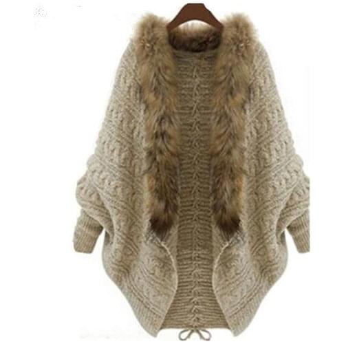 Womens Autumn Winter Knitted Cardigan Bat Cape Shawl Faux Collar Coats Overcoat Outwear Black/Khaki Sweater K1129