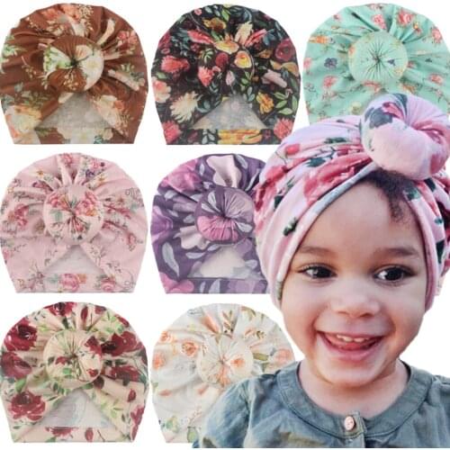 14 PCS/LOT, Infant Baby Round Knot Turban Beanie Hats, Floral Fabric Head Wraps Newborn Toddlers Shower Gift Hair Accessories