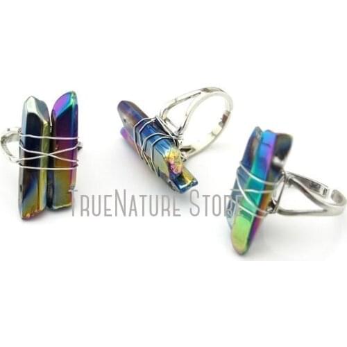 5Pcs RM13011 Double Wrapped Wire Wrapped Pillar Polishing Faceted Titanium Rainbow Plated Silver Plated Clear Crystal Ring