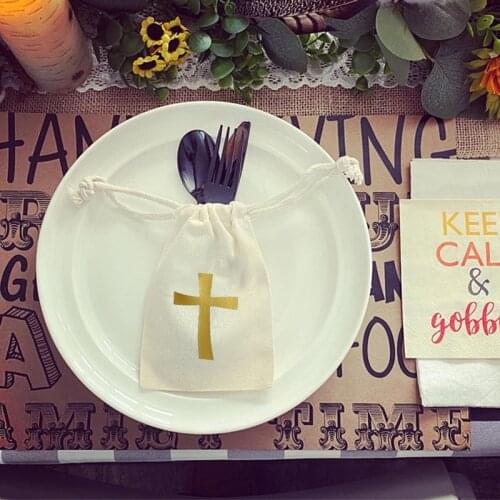 5pcs Cutlery gift bags Baptism Christening rustic church wedding First 1st Communion farm birthday baby shower table decoration