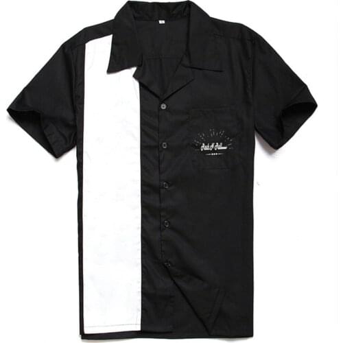 Black Vintage Cotton Men Shirt ST126 Plus Size Retro Short Sleeve Bowling Retro Rock Shirt