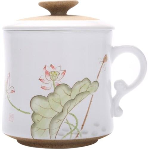 Jingdezhen hand-painted ceramic tea sets,Creative tea cup with cover and filter Office water cup drinkware 340cc