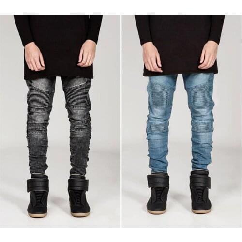 New Dropshipping Biker Jeans Men High Quality Stretch Cargo Denim Jeans Pleated Slim Jean Mens Scratched Pants Trousers