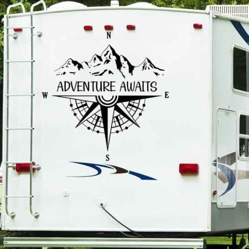 Mountain Compass Camping Rv Motorhome Car Decal Sticker Adventure Awaits Travel Explore Nautical SUV 4x4 Off Road Vinyl Decor