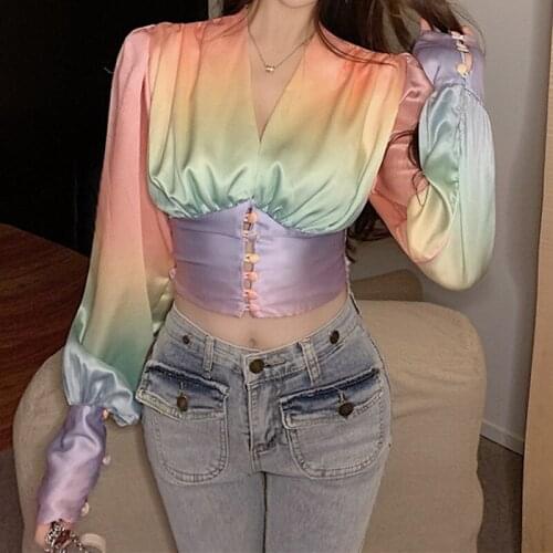 Rainbow Gradient Color Lantern Sleeve Crop Top Women Sexy Vintage V-Neck Corset Shirt, Spring New Casual Streetwear