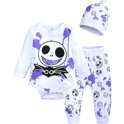 ST471 Newborn Baby Girl Boy Clothes Set Cotton Nightmare Bebes Outfit Sets 3pcs Baby Halloween Costume Cartoon Printed Set Suit