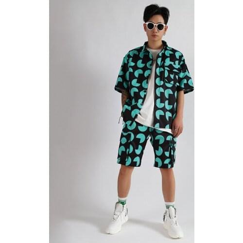 Fahion Men Jazz Costume Hip Hop Suit Street Dance Wear Street Oufits Nightclub Suit Green Short Sleeves Dance Wear VDB1890