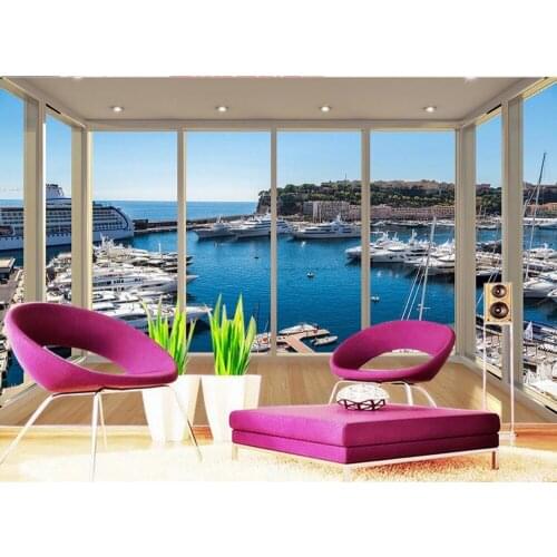Non woven wallpaper Custom 3d mural wallpaper European style Beach yacht fleet landed balcony Mural 3d wallpaper