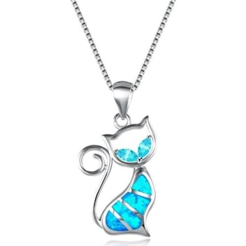 1PC New Design Blue Opal Cat Pendant Necklace for Women Trendy Crystal Shining Animal Jewelry Collares Mujer Collar