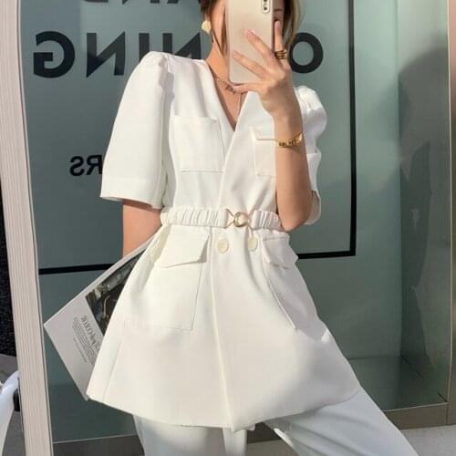 Ladies Belt Summer Fashion Elegant Office Worker Lady White Short Sleeve Clothing Elegant Blue V-neck Puff Sleeve Blazer Jacket