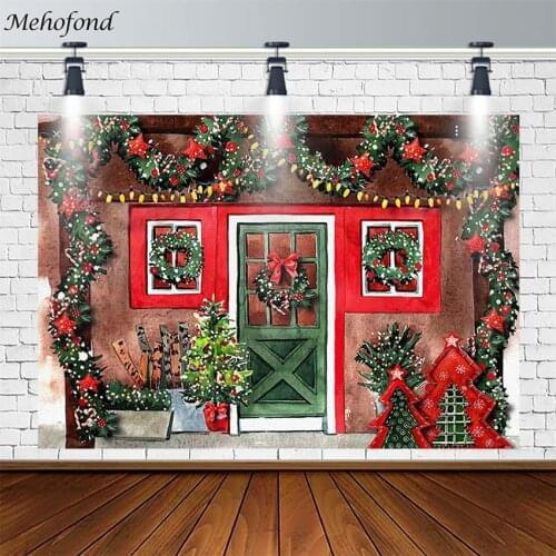 Merry Christmas Tree Backdrops Wreath Green Door Red Window Light XMAS Child Photography Background Photo Studio Photocall Decor