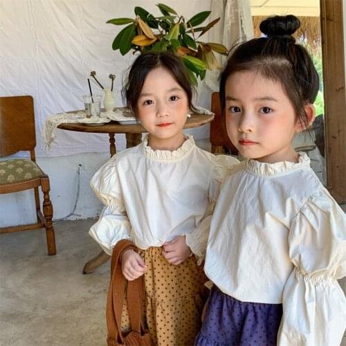 Girls' Shirt 2021 Autumn New Childrens Korean Cute Sleeve Solid Color Fashion All-match Shirt Children Fall Clothes