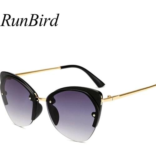 RunBird Women Cats Eye Sunglasses Ladies Half frame Sun Glasses Men Metal Temple Sunglass Women Marine Lens Eyeglasses 5375