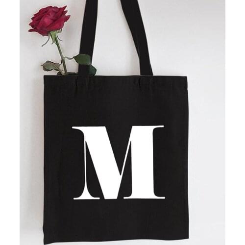 English Alphabet Letter Shopping Bag Personalised Reusable Shopper Tote Canvas Black Bag Harajuku High Capacity Women Handbag