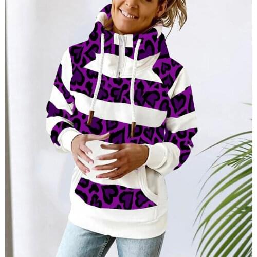 Hoodies Women Autumn Zipper Turtleneck Sweatshirts Stitching Long Sleeve Hooded Leopard Pullover Hoddie Sudaderas Con Capucha