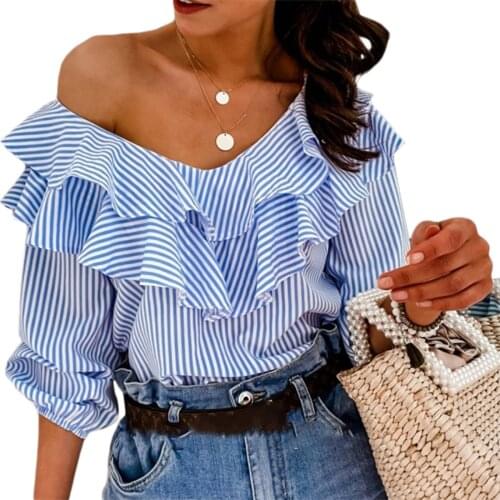 Women Striped Ruffles V-neck Low Cut Blouse 2020 Summer Half Sleeve Casual Shirts Fashionable Office Lady Tops Girl Base Shirt
