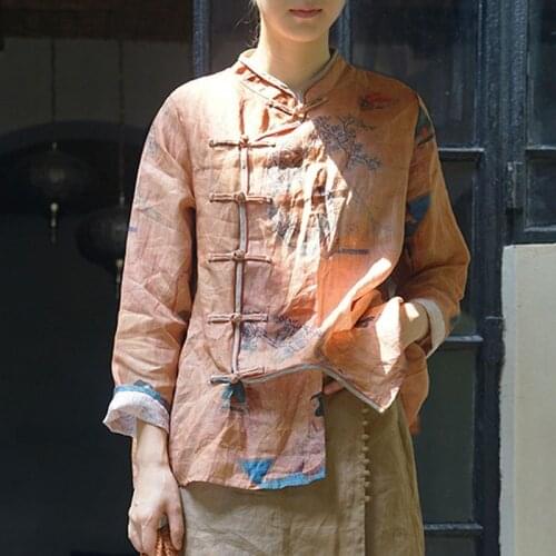 Johnature Autumn New Retro Print Plate Buckle Stand Long Sleeve Shirt 2021 Cotton Linen Comfortable All-match Women Fashion Tops