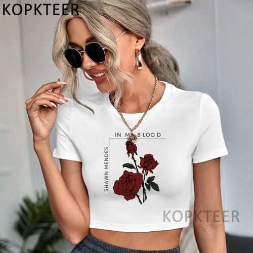 Shawn Mendes Harajuku Rose Print Crop Tops Women T Shirt Aesthetic Fashion Women T Shirt Lady Girl Funny O Neck Sexy Crop Tops
