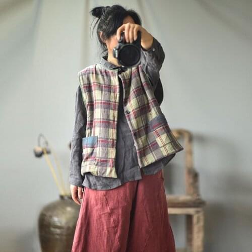 FairyNatural Ladies Spring Winter Lamb Cashmere Thickened Cotton Vest 2021 O Neck Women Casual Cotton Linen Vintage Plaid Vest