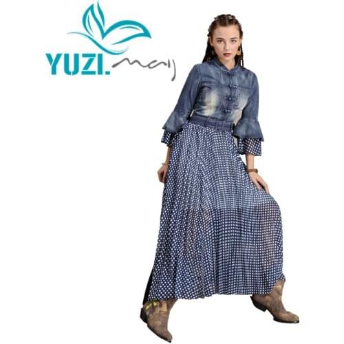 Dress Women 2019 Yuzi.may Boho New Denim Women Dresses Stand Collar Flare Sleeve Chiffon Patchwork Vestidos A82185 Vestido
