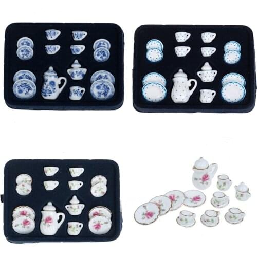 15Pcs 1/12 Miniature Kitchen Flower Patten Porcelain Coffee Tea Cups Ceramic Tableware Accessories