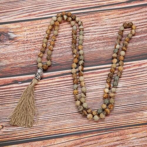 6mm/8mm Picture Stone Beaded 108 Mala Knotted Necklace Blessing Meditation Yoga Buddha Head Tassel Pendant Japamala Jewelry